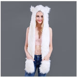 Wolf Ears Paws Faux Fur 3 in 1 Women's Warm Hat/Scarf - Heesse