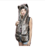 Wolf Ears Paws Faux Fur 3 in 1 Women's Warm Hat/Scarf - Heesse