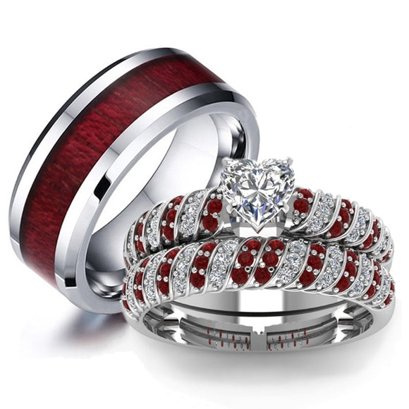 Couple Rings Red Wood Stainless Steel Ring Set - Heesse