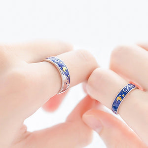 Silver Color Van Gogh Starry Sky Couple Ring - Heesse