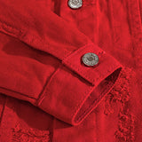 Men's Letters Embroidered Red Jean Jacket - Heesse