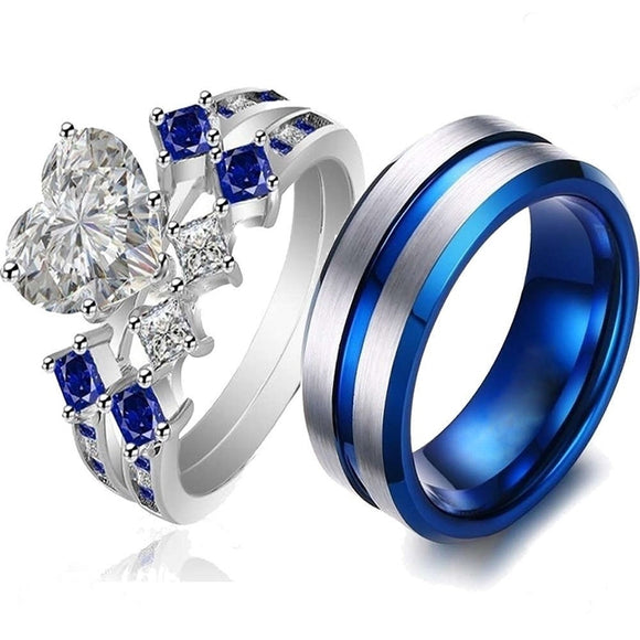 Couple Stainless Steel Ring White/Blue Zircon Heart Set - Heesse
