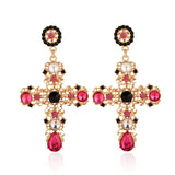 New Arrival Vintage Black Pink Crystal Cross Drop Earrings - Heesse