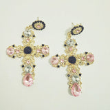New Arrival Vintage Black Pink Crystal Cross Drop Earrings - Heesse
