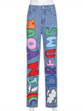 Graphics Letter Printed Baggy Women Jeans - Heesse