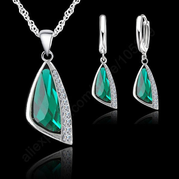 925 Sterling Silver Green Cubic Zirconia Necklace pendant+Earrings Sets - Heesse