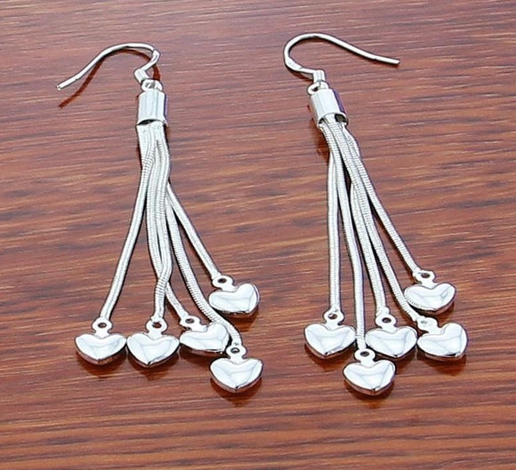 925 Sterling Silver Five Heart Chain Long Drop Earrings For Women - Heesse