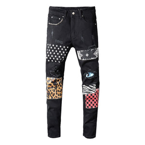Men's rivets stars printed patchwork black jeans - Heesse