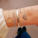 4 Pcs/set Ladies Fashion Crystal Leaves Geometric Chain Gold Bracelet Set - Heesse