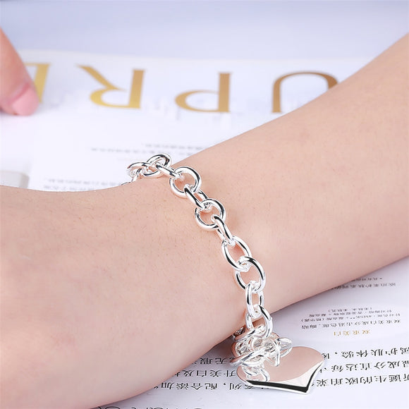 925 Silver Heart-Shaped Bracelet Heart Chain Link Fashion Bracelet - Heesse