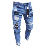 Men Stretchy Ripped Skinny Biker Embroidery Print Jeans - Heesse
