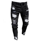 Men Stretchy Ripped Skinny Biker Embroidery Print Jeans - Heesse