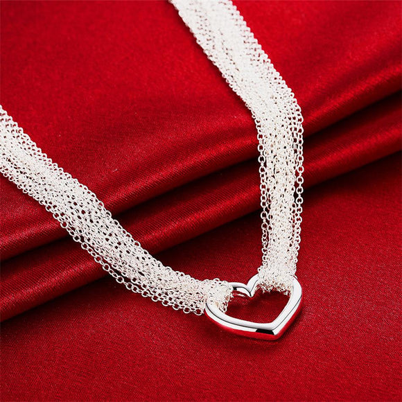925 Sterling Silver Necklaces for Women Multi Lines Heart Pendant Necklace - Heesse